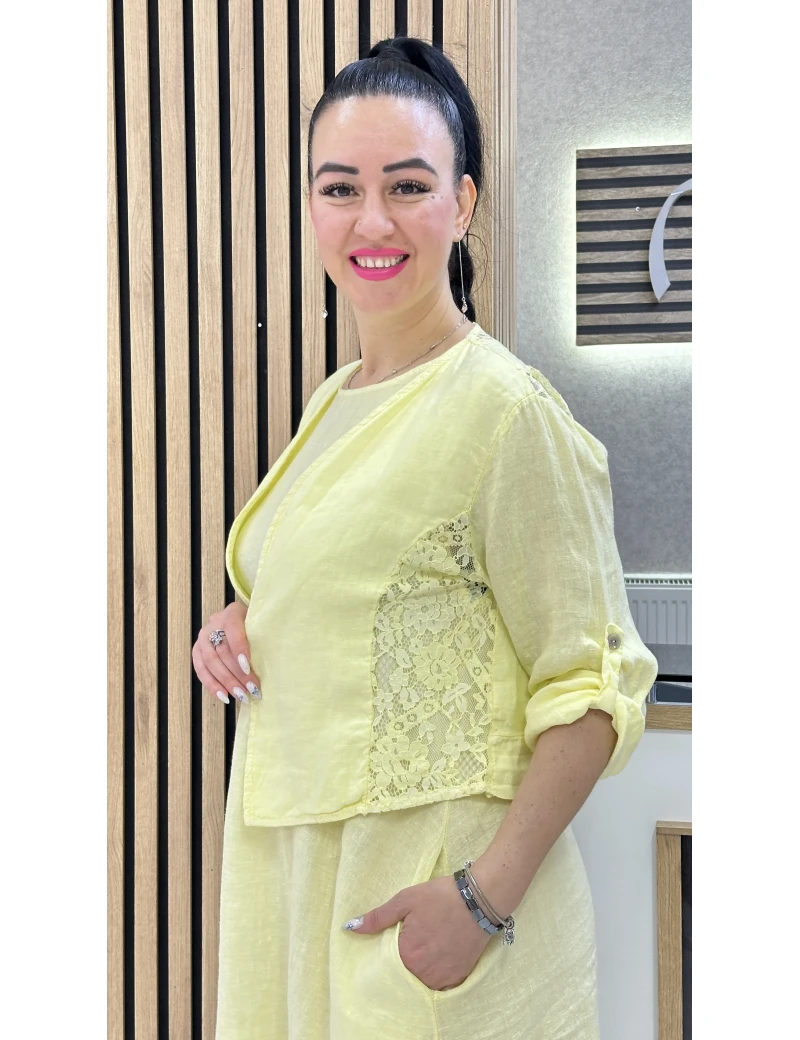 DANTEL CEKETLİ KETEN ELBİSE SARI