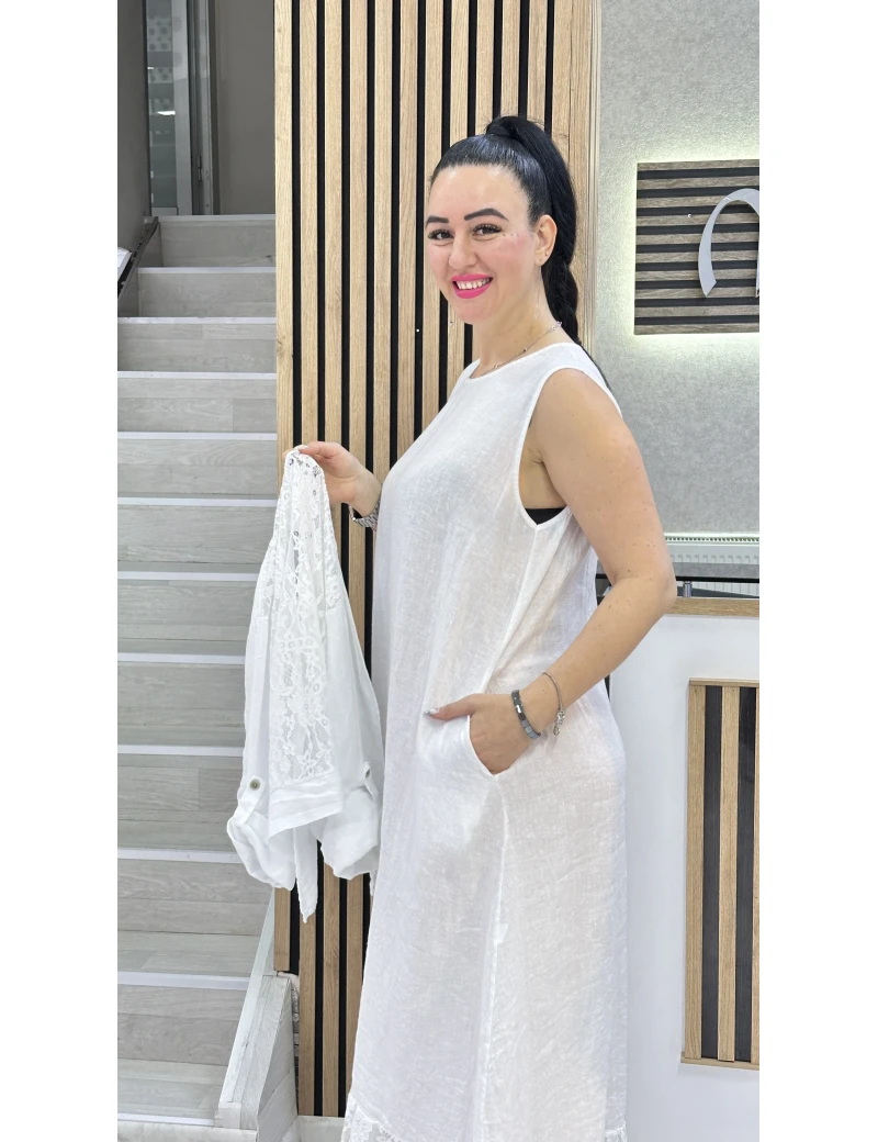 DANTEL CEKETLİ KETEN ELBİSE