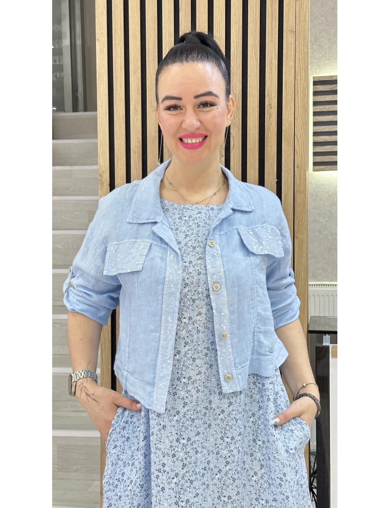 CEKETLİ KETEN ELBİSE MAVİ