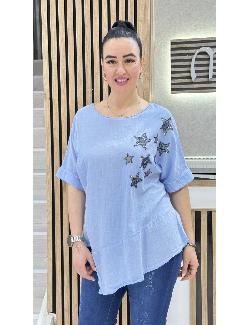 ASİMETRİK YILDIZ KETEN BLUZ